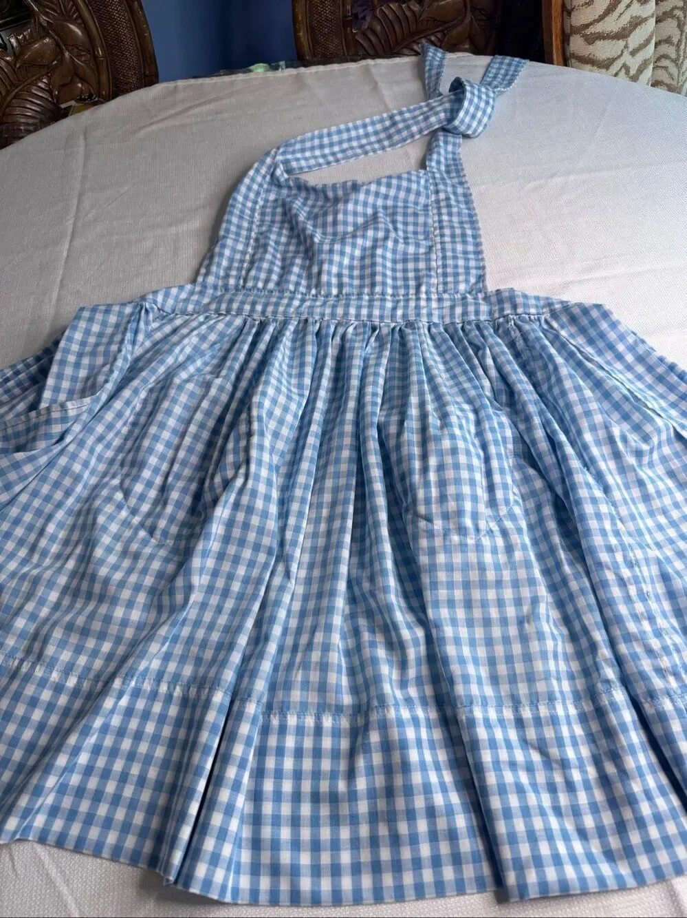 Vintage Blue Gingham Heart Pocket Lace Handmade Cottagecore Apron One Size
